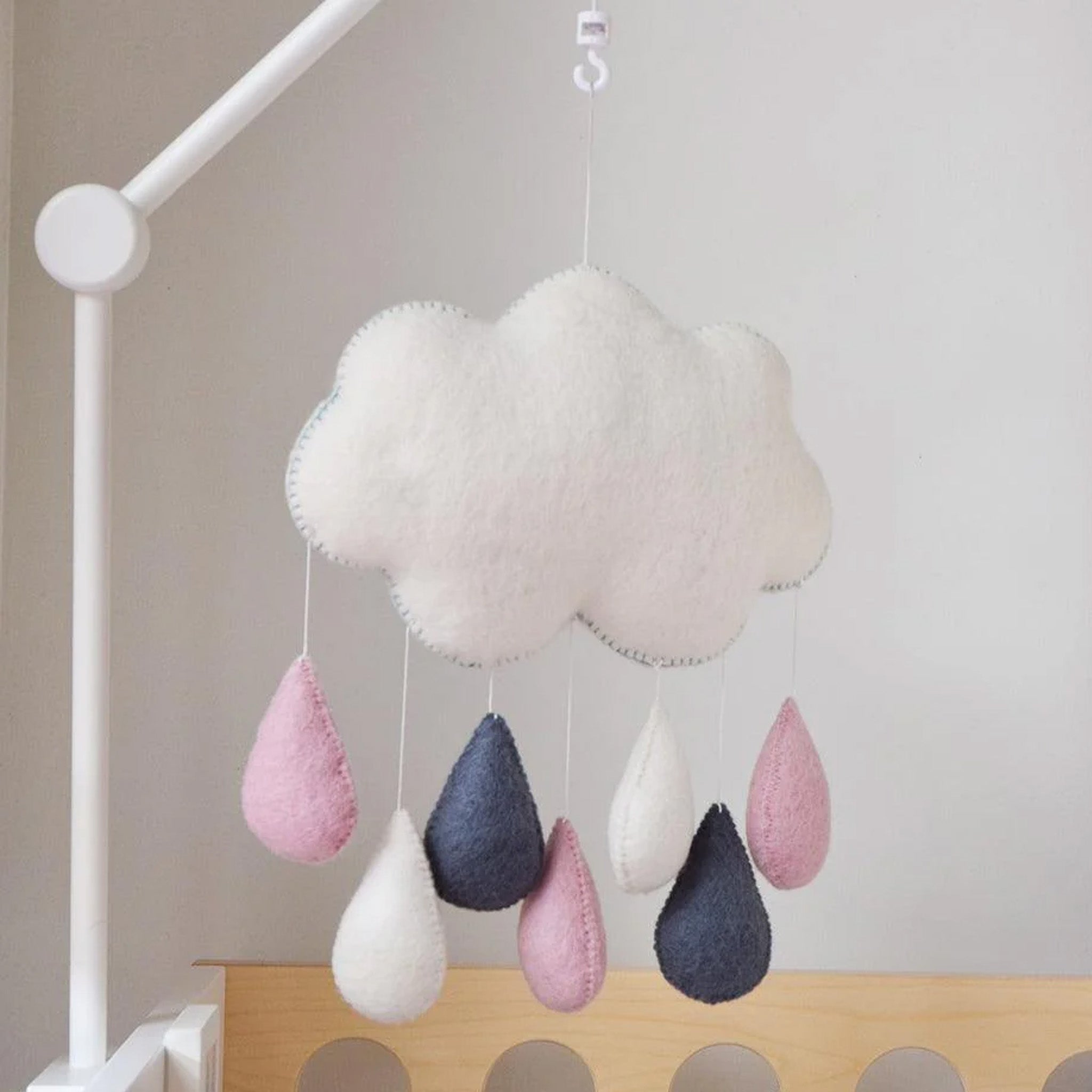Cloud Nursery Mobile - White with Pink & Grey Raindrops